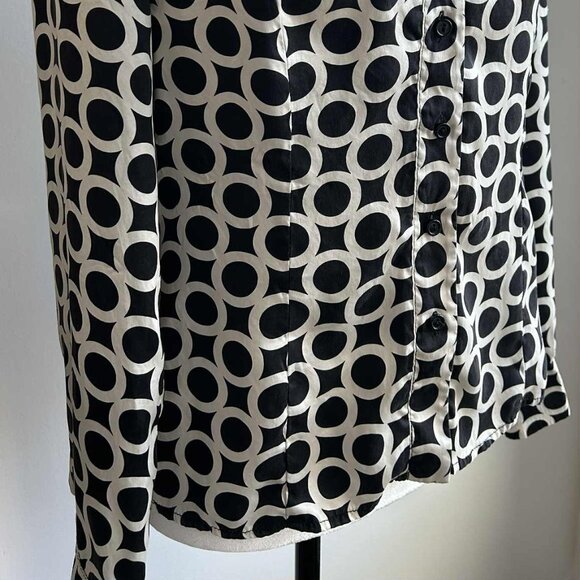 Vintage Josef Black & Ivory Pure Silk Geometric Print Button-Front Blouse – US 6 - Picture 2 of 9